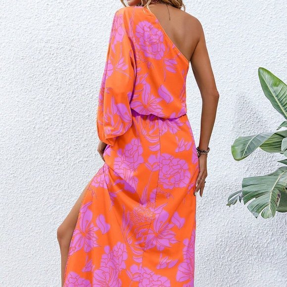 Multicolor Boho WomensFloral Print One Shoulder Batwing Sleeve Split Thigh Dress - Picture 2 of 5